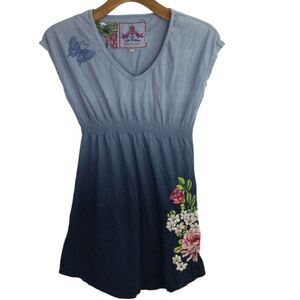 Johnny Was Women's Tunic Shirt V-Neck Peplum Embroidered Butterfly Blue Size XS